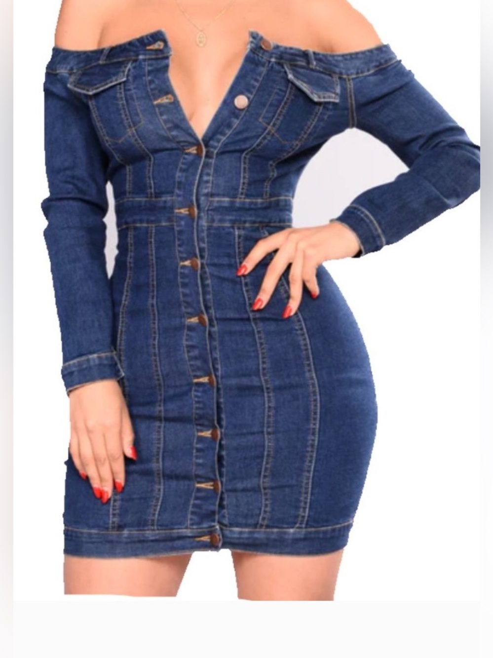 Fashion Nova Off-Shoulder Dark Blue Denim Mini Dress